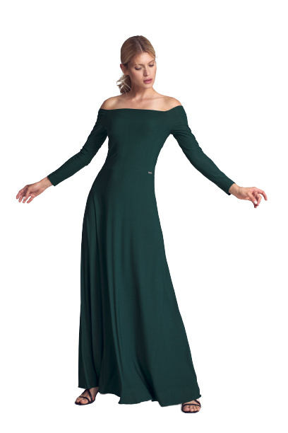 Sukienka Maxi - Z Długim Rękawem I Odkrytymi Ramionami - zielona